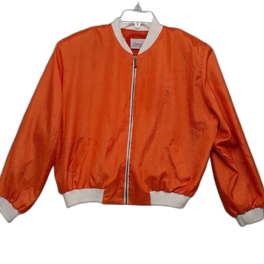 Spirit VTG 80's Bomber Windbreaker Jacket Women Sz XL Orange With Shoulder Pads